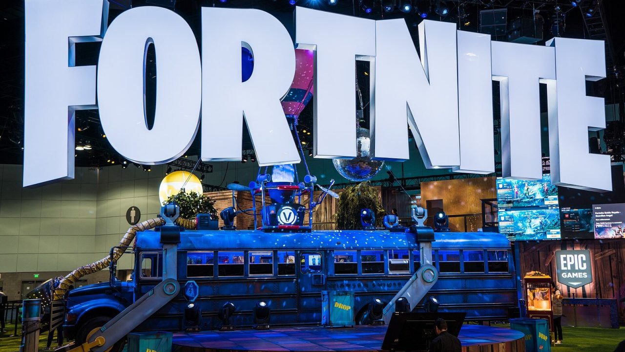 Large Fortnite Battle Royale display and play area at the E3 2018 expo