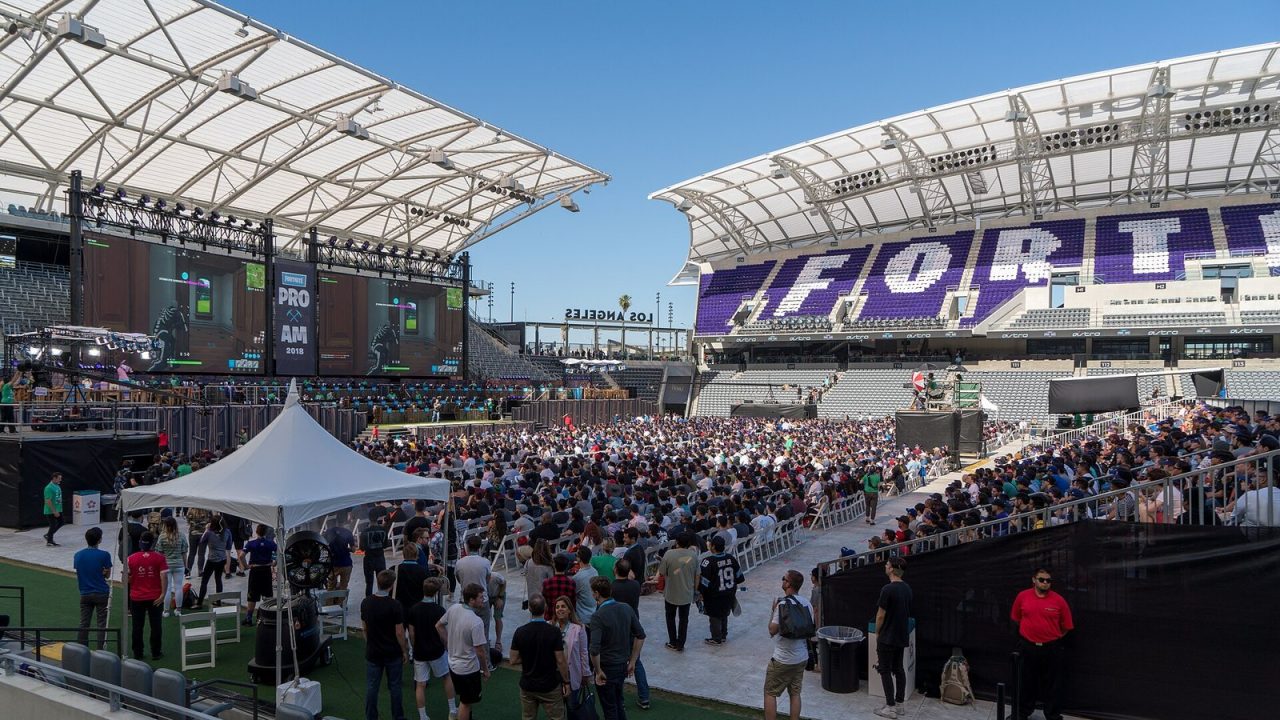 Crowd-filled temporary stadium for the Fortnite Pro-Am event at E3 2018 in Los Angeles